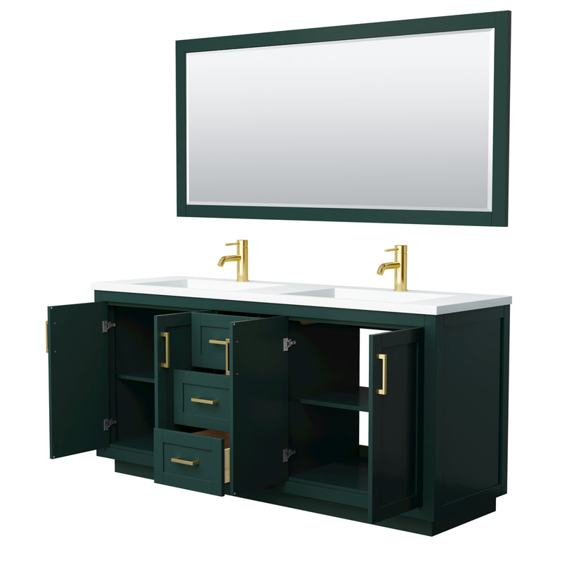 Wyndham Miranda 72" Double Bathroom Vanity In Green 1.25" Thick Matte White Solid Surface Countertop Integrated Sinks Brushed Gold Trim 70" Mirror WCF292972DGDK1INTM70