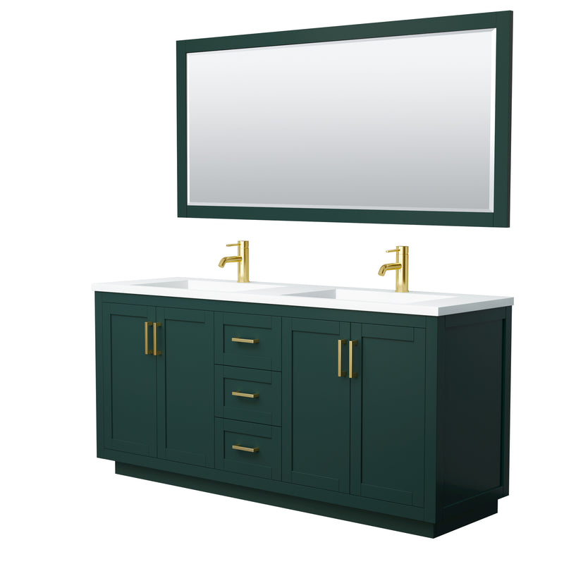 Wyndham Miranda 72" Double Bathroom Vanity In Green 1.25" Thick Matte White Solid Surface Countertop Integrated Sinks Brushed Gold Trim 70" Mirror WCF292972DGDK1INTM70