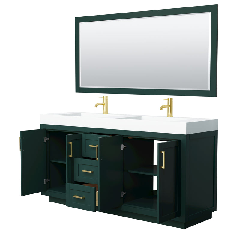 Wyndham Miranda 72" Double Bathroom Vanity In Green 4" Thick Matte White Solid Surface Countertop Integrated Sinks Brushed Gold Trim 70" Mirror WCF292972DGDK4INTM70