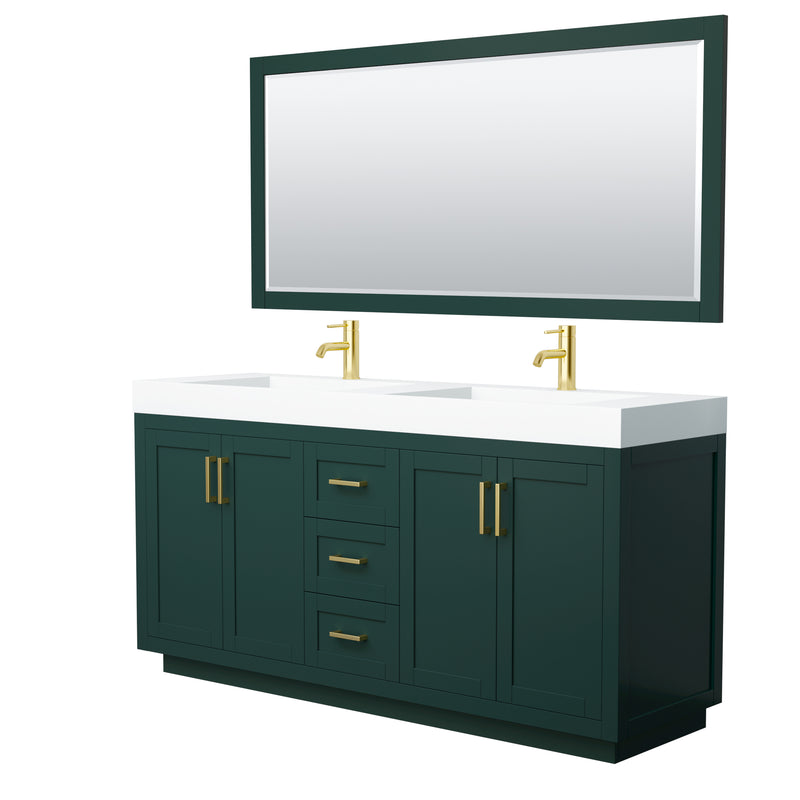 Wyndham Miranda 72" Double Bathroom Vanity In Green 4" Thick Matte White Solid Surface Countertop Integrated Sinks Brushed Gold Trim 70" Mirror WCF292972DGDK4INTM70