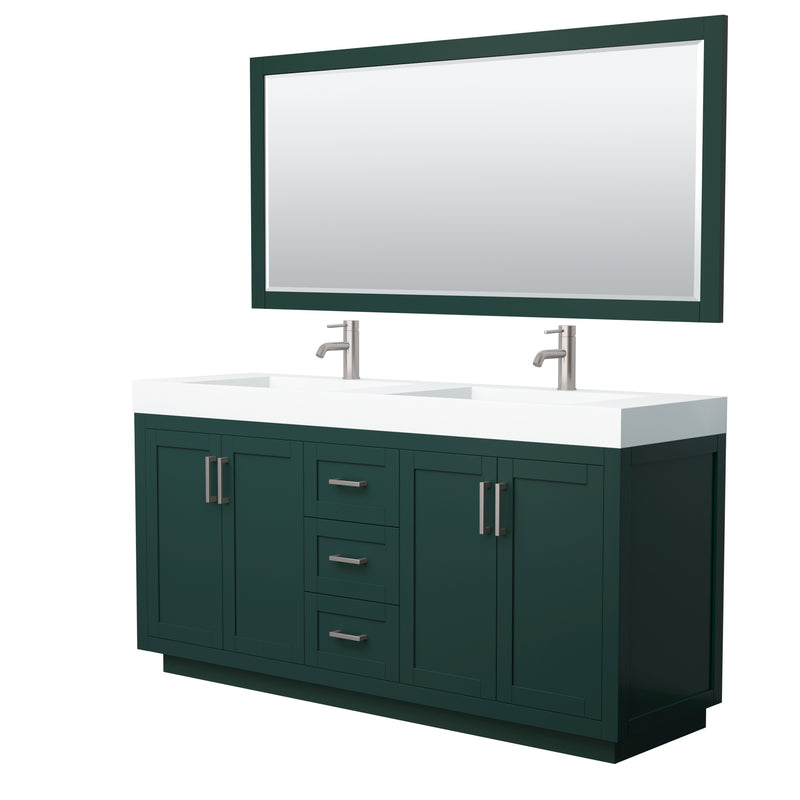 Wyndham Miranda 72" Double Bathroom Vanity In Green 4" Thick Matte White Solid Surface Countertop Integrated Sinks Brushed Nickel Trim 70" Mirror WCF292972DGEK4INTM70