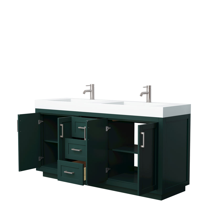 Wyndham Miranda 72" Double Bathroom Vanity In Green 4" Thick Matte White Solid Surface Countertop Integrated Sinks Brushed Nickel Trim WCF292972DGEK4INTMXX