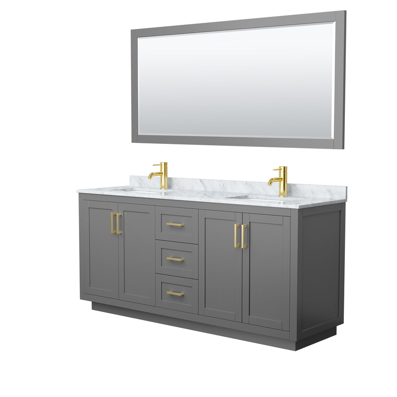 Wyndham Miranda 72" Double Bathroom Vanity In Dark Gray White Carrara Marble Countertop Undermount Square Sinks Brushed Gold Trims And 70" Mirror WCF292972DGGCMUNSM70