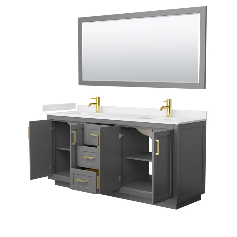 Wyndham Miranda 72" Double Bathroom Vanity In Dark Gray White Cultured Marble Countertop Undermount Square Sinks Brushed Gold Trims and 70" Mirror WCF292972DGGWCUNSM70