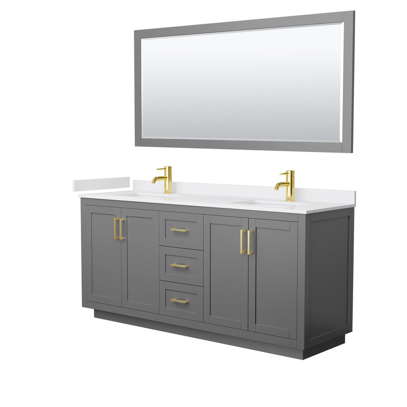 Wyndham Miranda 72" Double Bathroom Vanity In Dark Gray White Cultured Marble Countertop Undermount Square Sinks Brushed Gold Trims And 70" Mirror WCF292972DGGWCUNSM70