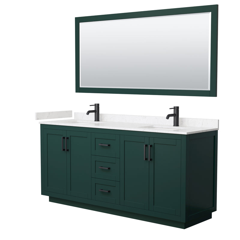 Wyndham Miranda 72" Double Bathroom Vanity In Green Light-Vein Carrara Cultured Marble Countertop Undermount Square Sinks Matte Black Trim 70" Mirror WCF292972DGKC2UNSM70