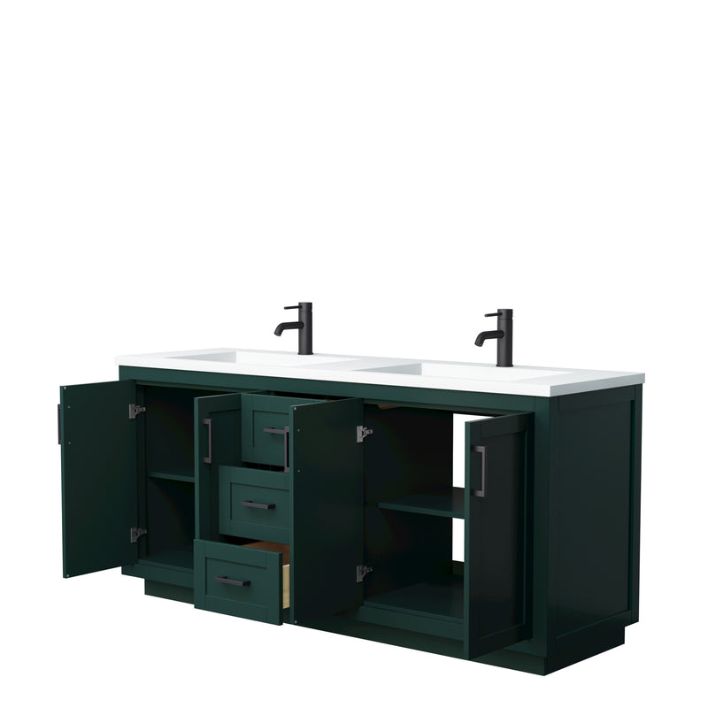 Wyndham Miranda 72" Double Bathroom Vanity In Green 1.25" Thick Matte White Solid Surface Countertop Integrated Sinks Matte Black Trim WCF292972DGKK1INTMXX