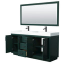 Wyndham Miranda 72" Double Bathroom Vanity In Green 4" Thick Matte White Solid Surface Countertop Integrated Sinks Matte Black Trim 70" Mirror WCF292972DGKK4INTM70