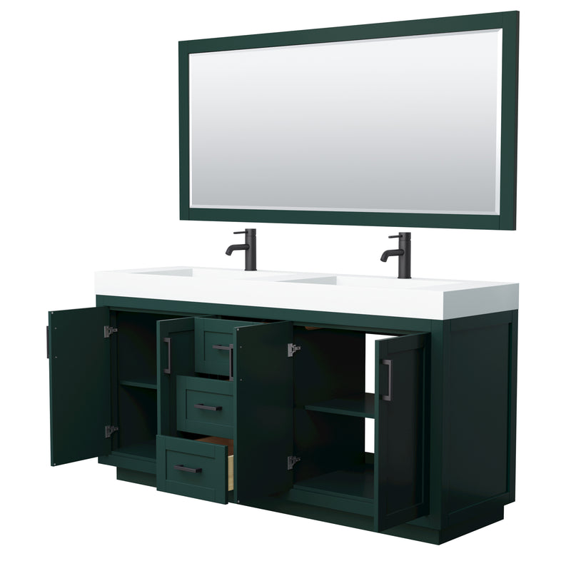 Wyndham Miranda 72" Double Bathroom Vanity In Green 4" Thick Matte White Solid Surface Countertop Integrated Sinks Matte Black Trim 70" Mirror WCF292972DGKK4INTM70