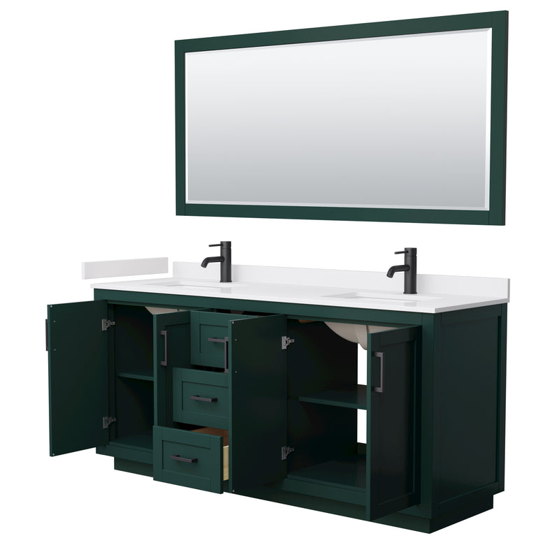 Wyndham Miranda 72" Double Bathroom Vanity In Green White Cultured Marble Countertop Undermount Square Sinks Matte Black Trim 70" Mirror WCF292972DGKWCUNSM70