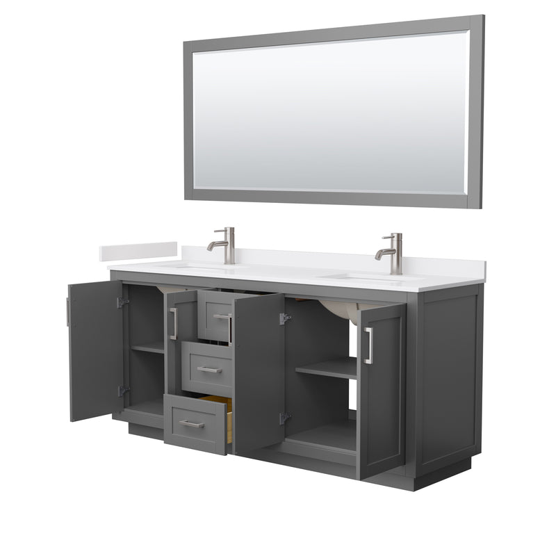 Wyndham Miranda 72" Double Bathroom Vanity In Dark Gray White Cultured Marble Countertop Undermount Square Sinks Brushed Nickel Trims and 70" Mirror WCF292972DKGWCUNSM70