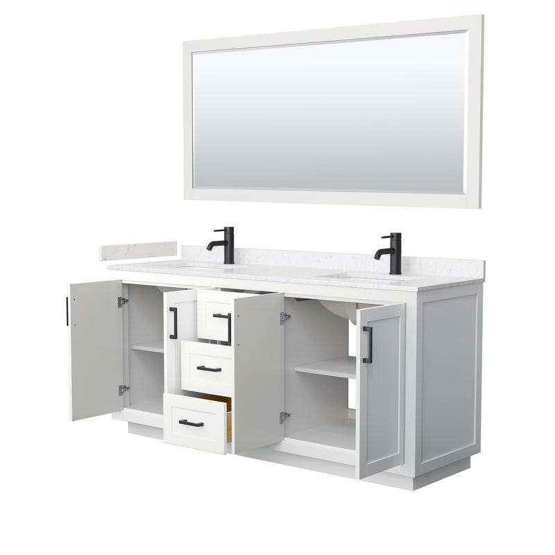 Wyndham Miranda 72" Double Bathroom Vanity In White Light-Vein Carrara Cultured Marble Countertop Undermount Square Sinks Black Trims and 70" Mirror WCF292972DWBC2UNSM70