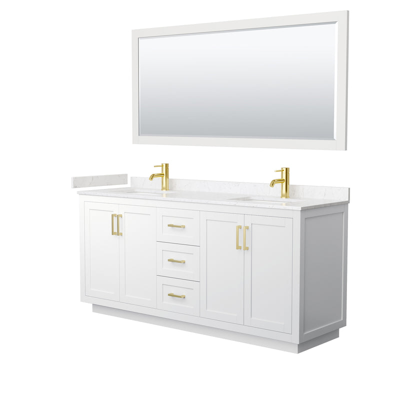 Wyndham Miranda 72" Double Bathroom Vanity In White Light-Vein Carrara Cultured Marble Countertop Undermount Square Sinks Brushed Gold Trims And 70" Mirror WCF292972DWGC2UNSM70