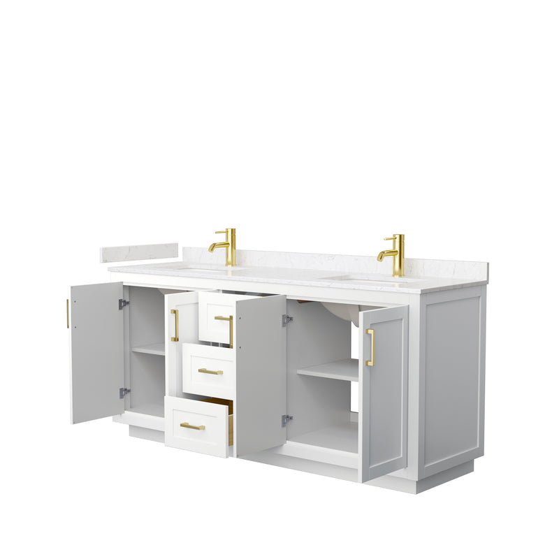 Wyndham Miranda 72" Double Bathroom Vanity In White Light-Vein Carrara Cultured Marble Countertop Undermount Square Sinks Brushed Gold Trims and No Mirror WCF292972DWGC2UNSMXX