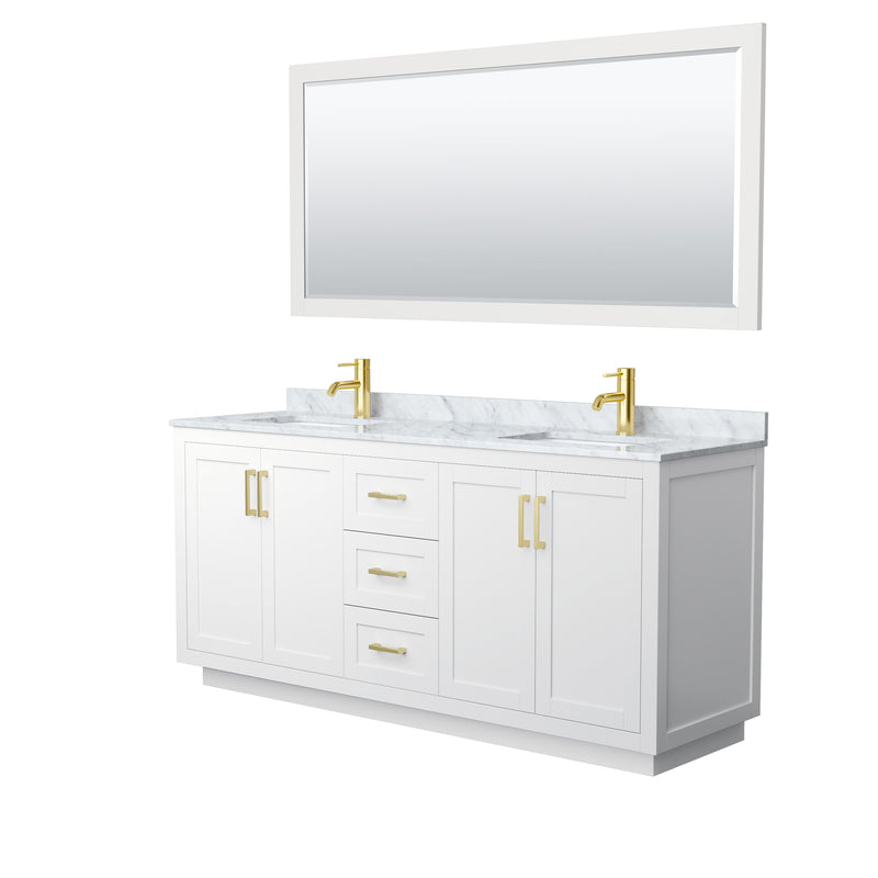 Wyndham Miranda 72" Double Bathroom Vanity In White White Carrara Marble Countertop Undermount Square Sinks Brushed Gold Trims And 70" Mirror WCF292972DWGCMUNSM70