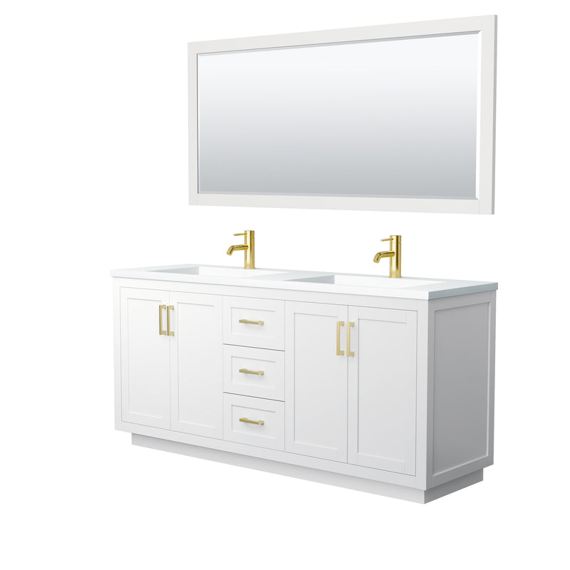 Wyndham Miranda 72" Double Bathroom Vanity In White Matte White Solid Surface In 1.25" Thickness Integrated Sinks Brushed Gold Trims And 70" Mirror WCF292972DWGK1INTM70