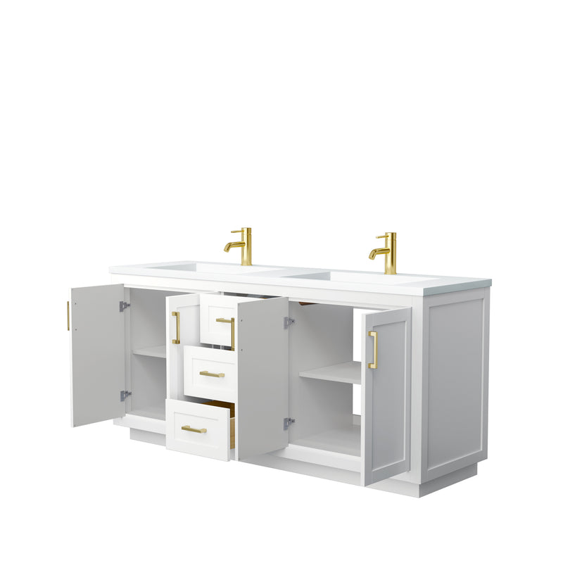 Wyndham Miranda 72" Double Bathroom Vanity In White Matte White Solid Surface In 1.25" Thickness Integrated Sinks Brushed Gold Trims and No Mirror WCF292972DWGK1INTMXX