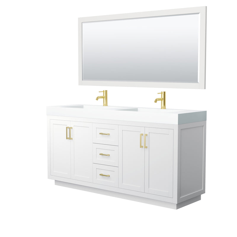 Wyndham Miranda 72" Double Bathroom Vanity In White Matte White Solid Surface In 4" Thickness Integrated Sinks Brushed Gold Trims And 70" Mirror WCF292972DWGK4INTM70