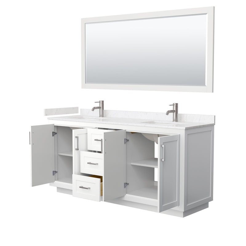 Wyndham Miranda 72" Double Bathroom Vanity In White Light-Vein Carrara Cultured Marble Countertop Undermount Square Sinks Brushed Nickel Trims and 70" Mirro WCF292972DWHC2UNSM70