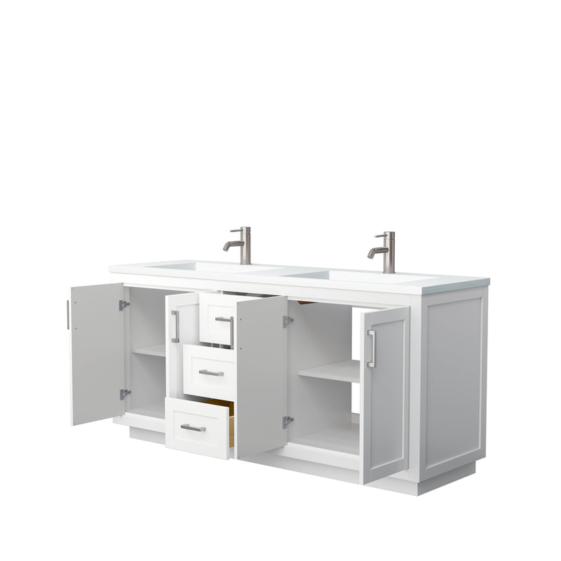 Wyndham Miranda 72" Double Bathroom Vanity In White Matte White Solid Surface In 1.25" Thickness Integrated Sinks Brushed Nickel Trims and No Mirror WCF292972DWHK1INTMXX