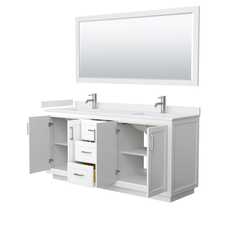 Wyndham Miranda 72" Double Bathroom Vanity In White White Cultured Marble Countertop Undermount Square Sinks Brushed Nickel Trims and 70" Mirror WCF292972DWHWCUNSM70