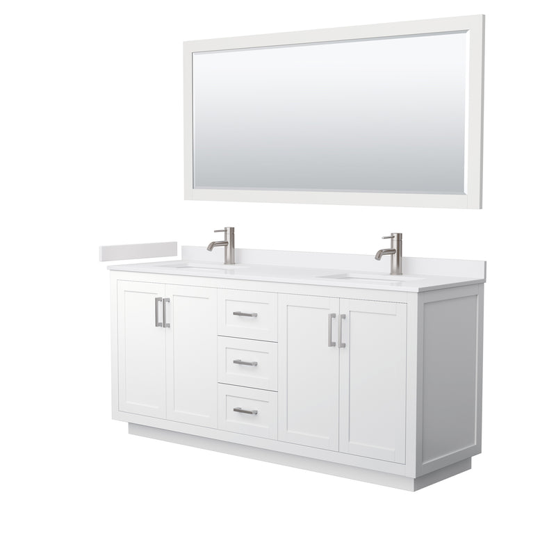 Wyndham Miranda 72" Double Bathroom Vanity In White White Cultured Marble Countertop Undermount Square Sinks Brushed Nickel Trims And 70" Mirror WCF292972DWHWCUNSM70