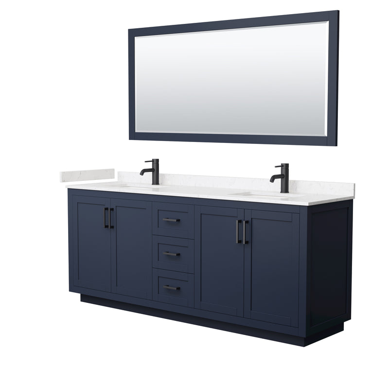 Wyndham Miranda 80" Double Bathroom Vanity In Dark Blue Light-Vein Carrara Cultured Marble Countertop Undermount Square Sinks Black Trims And 70" Mirror WCF292980DBBC2UNSM70