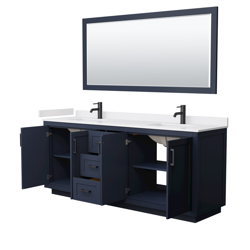 Wyndham Miranda 80" Double Bathroom Vanity In Dark Blue White Cultured Marble Countertop Undermount Square Sinks Black Trims and 70" Mirror WCF292980DBBWCUNSM70