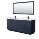 Wyndham Miranda 80" Double Bathroom Vanity In Dark Blue White Cultured Marble Countertop Undermount Square Sinks Black Trims And 70" Mirror WCF292980DBBWCUNSM70