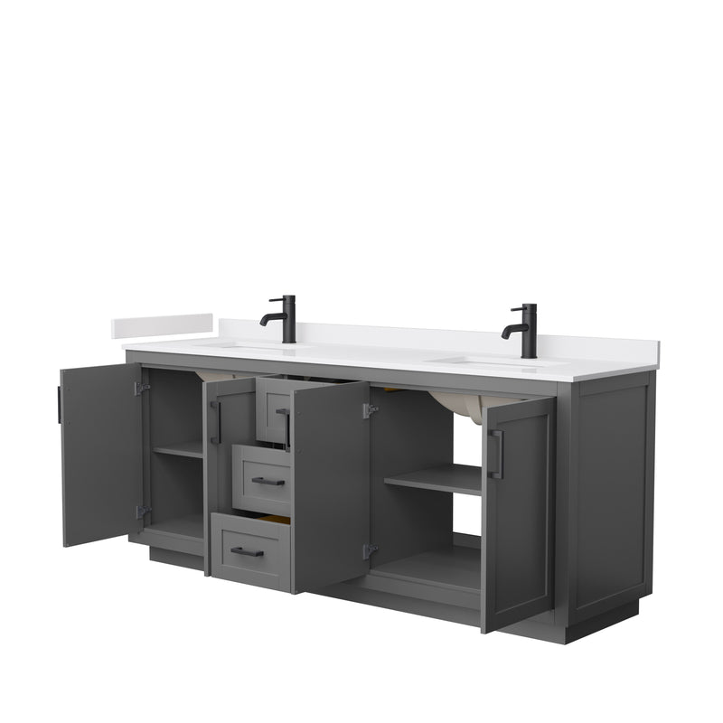 Wyndham Miranda 80" Double Bathroom Vanity In Dark Gray White Cultured Marble Countertop Undermount Square Sinks Black Trims and No Mirror WCF292980DGBWCUNSMXX