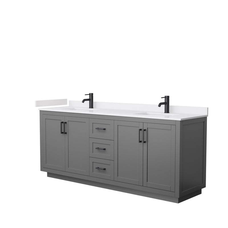 Wyndham Miranda 80" Double Bathroom Vanity In Dark Gray White Cultured Marble Countertop Undermount Square Sinks Black Trims And No Mirror WCF292980DGBWCUNSMXX