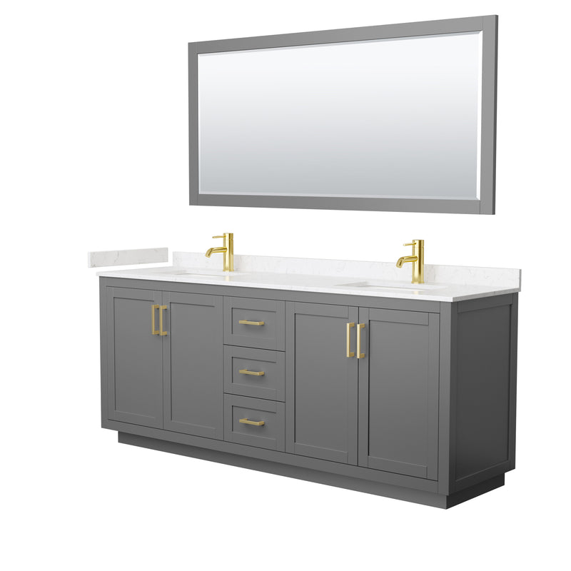 Wyndham Miranda 80" Double Bathroom Vanity In Dark Gray Light-Vein Carrara Cultured Marble Countertop Undermount Square Sinks Brushed Gold Trims And 70" Mir WCF292980DGGC2UNSM70