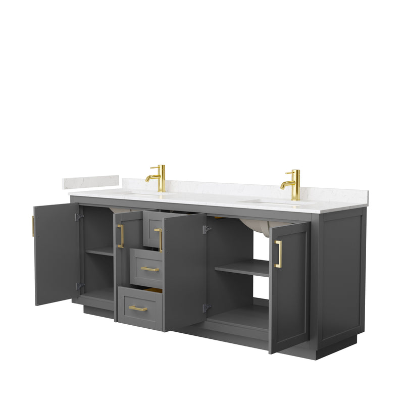 Wyndham Miranda 80" Double Bathroom Vanity In Dark Gray Light-Vein Carrara Cultured Marble Countertop Undermount Square Sinks Brushed Gold Trims and No Mirr WCF292980DGGC2UNSMXX