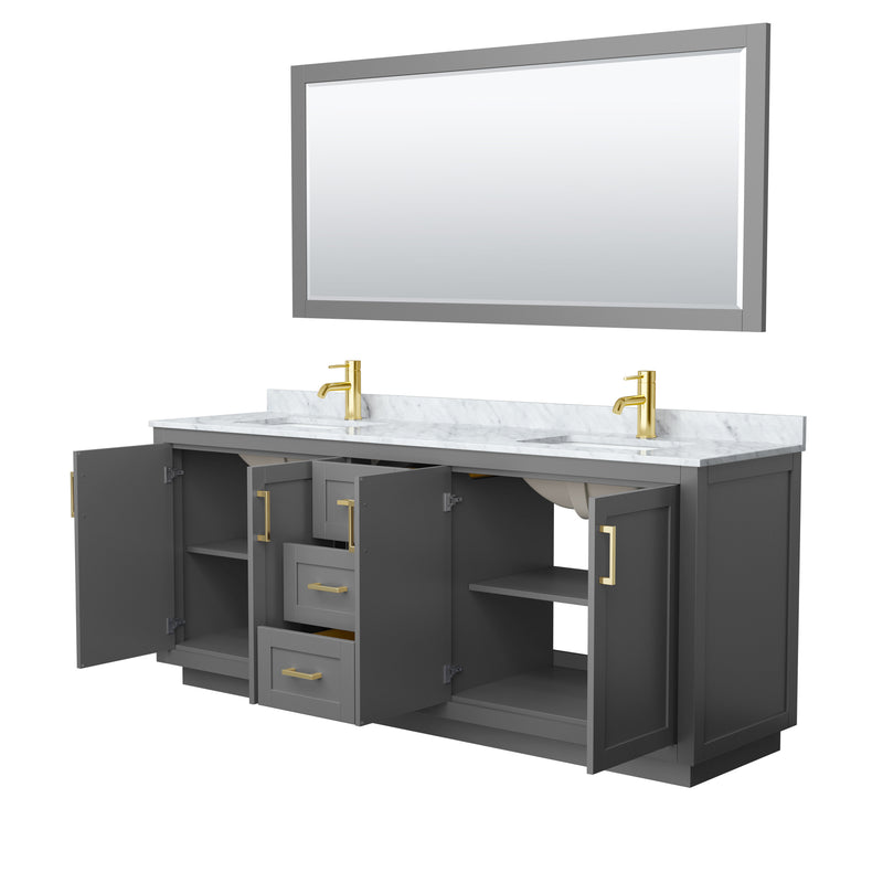 Wyndham Miranda 80" Double Bathroom Vanity In Dark Gray White Carrara Marble Countertop Undermount Square Sinks Brushed Gold Trims and 70" Mirror WCF292980DGGCMUNSM70