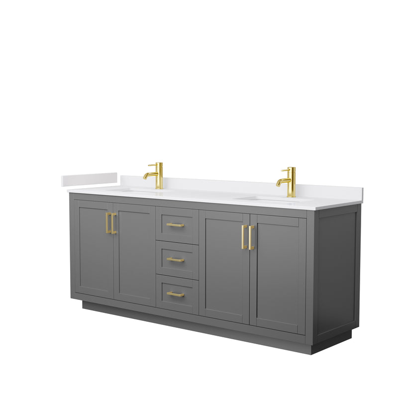 Wyndham Miranda 80" Double Bathroom Vanity In Dark Gray White Cultured Marble Countertop Undermount Square Sinks Brushed Gold Trims And No Mirror WCF292980DGGWCUNSMXX