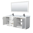 Wyndham Miranda 80" Double Bathroom Vanity In White White Carrara Marble Countertop Undermount Square Sinks Black Trims and 70" Mirror WCF292980DWBCMUNSM70