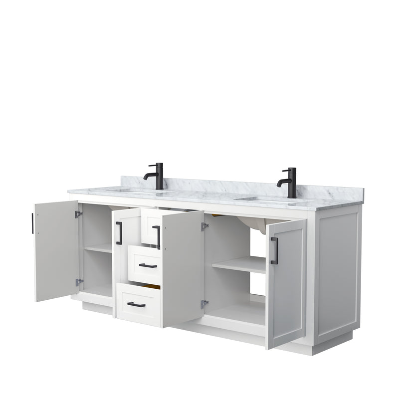 Wyndham Miranda 80" Double Bathroom Vanity In White White Carrara Marble Countertop Undermount Square Sinks Black Trims and No Mirror WCF292980DWBCMUNSMXX