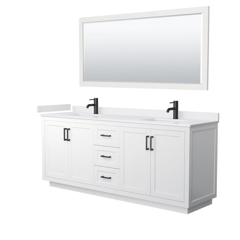 Wyndham Miranda 80" Double Bathroom Vanity In White White Cultured Marble Countertop Undermount Square Sinks Black Trims And 70" Mirror WCF292980DWBWCUNSM70