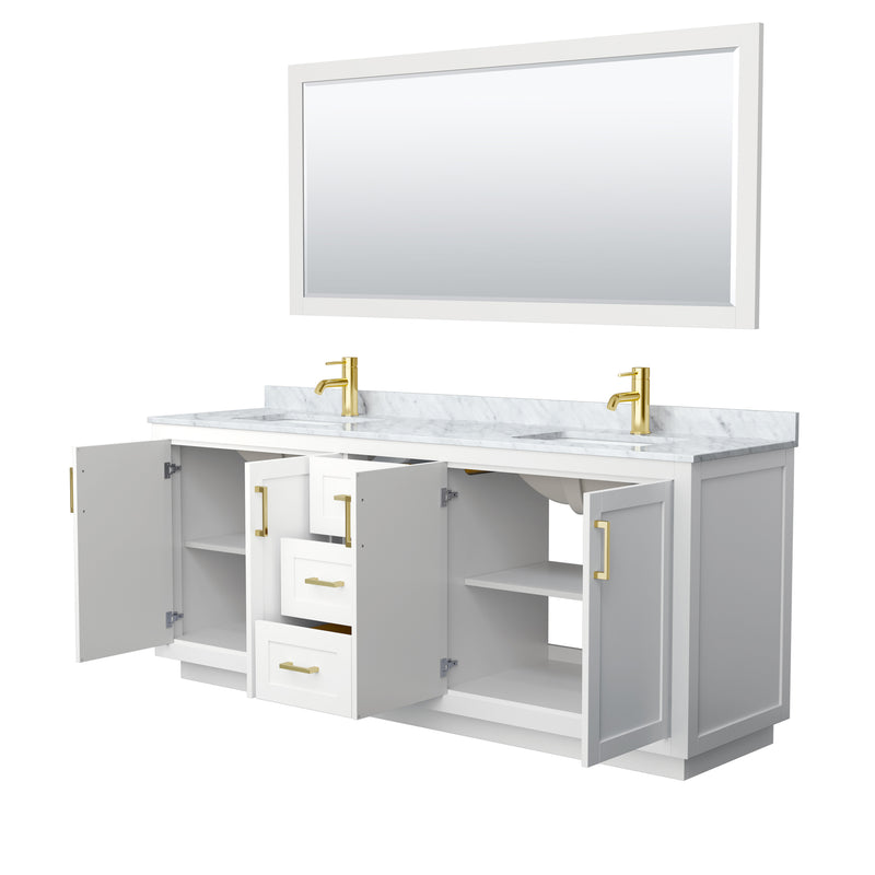 Wyndham Miranda 80" Double Bathroom Vanity In White White Carrara Marble Countertop Undermount Square Sinks Brushed Gold Trims and 70" Mirror WCF292980DWGCMUNSM70