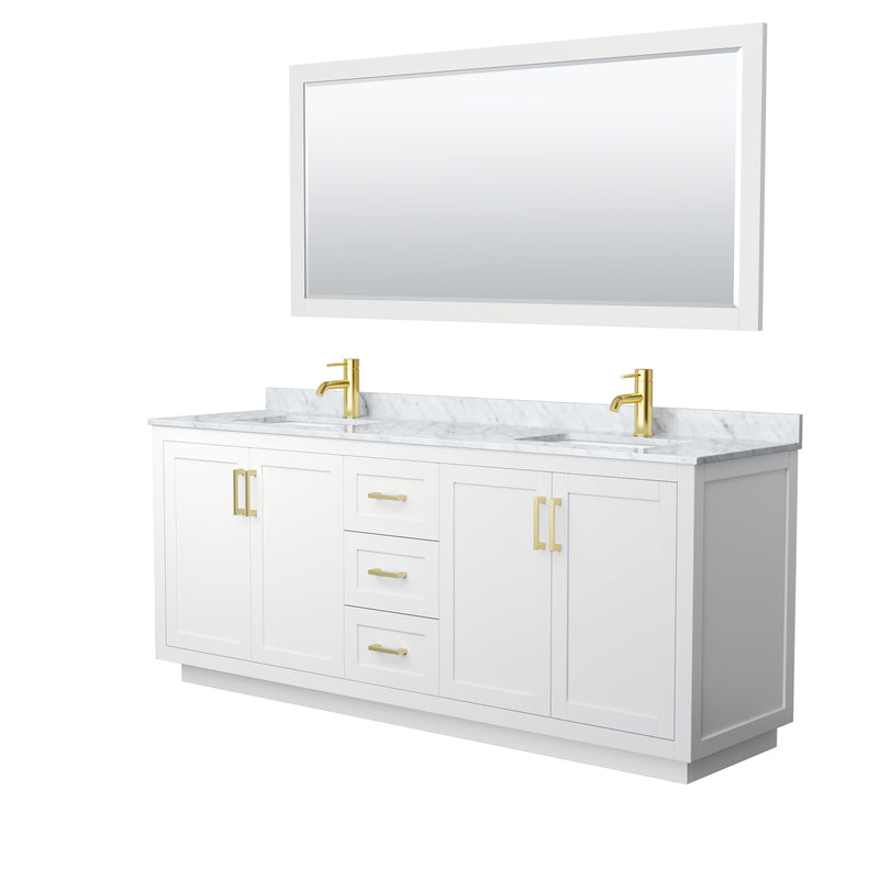 Wyndham Miranda 80" Double Bathroom Vanity In White White Carrara Marble Countertop Undermount Square Sinks Brushed Gold Trims And 70" Mirror WCF292980DWGCMUNSM70