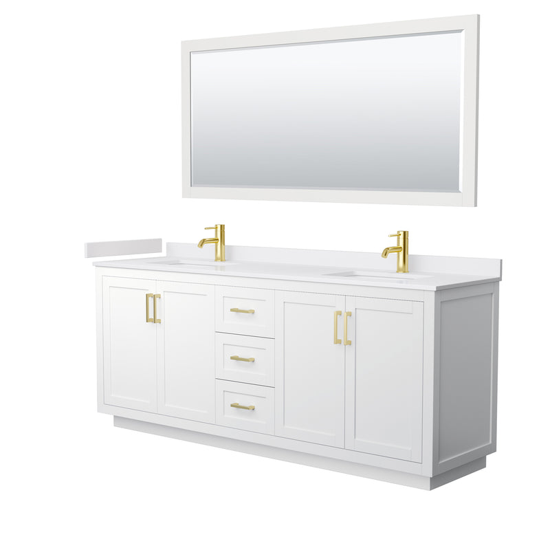 Wyndham Miranda 80" Double Bathroom Vanity In White White Cultured Marble Countertop Undermount Square Sinks Brushed Gold Trims And 70" Mirror WCF292980DWGWCUNSM70