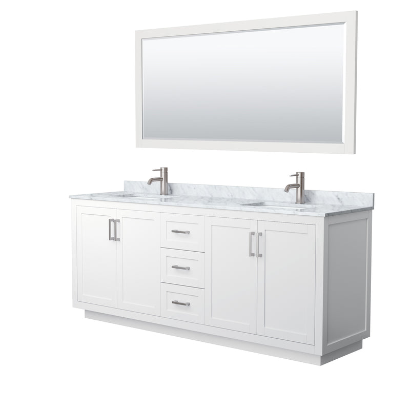 Wyndham Miranda 80" Double Bathroom Vanity In White White Carrara Marble Countertop Undermount Square Sinks Brushed Nickel Trims And 70" Mirror WCF292980DWHCMUNSM70