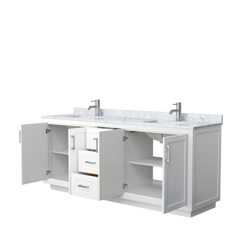 Wyndham Miranda 80" Double Bathroom Vanity In White White Carrara Marble Countertop Undermount Square Sinks Brushed Nickel Trims and No Mirror WCF292980DWHCMUNSMXX