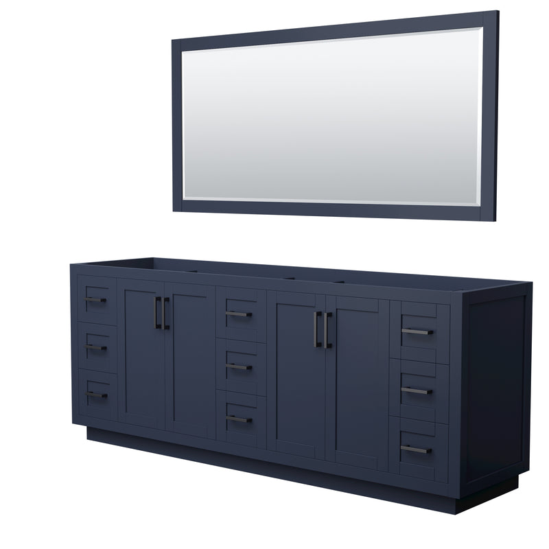 Wyndham Miranda 84" Double Bathroom Vanity In Dark Blue No Countertop No Sink Matte Black Trim 70" Mirror WCF292984DBBCXSXXM70