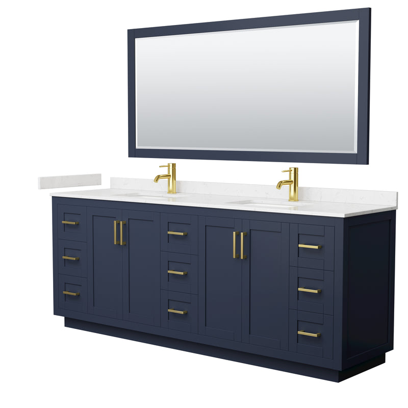 Wyndham Miranda 84" Double Bathroom Vanity In Dark Blue Light-Vein Carrara Cultured Marble Countertop Undermount Square Sinks Brushed Gold Trim 70" Mirror WCF292984DBLC2UNSM70