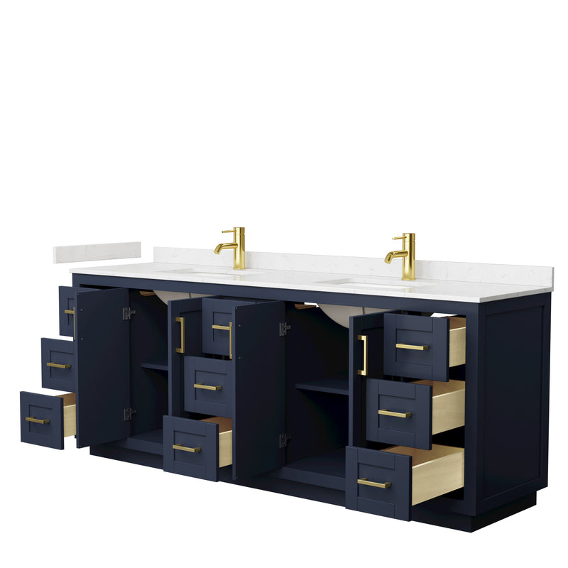 Wyndham Miranda 84" Double Bathroom Vanity In Dark Blue Light-Vein Carrara Cultured Marble Countertop Undermount Square Sinks Brushed Gold Trim WCF292984DBLC2UNSMXX