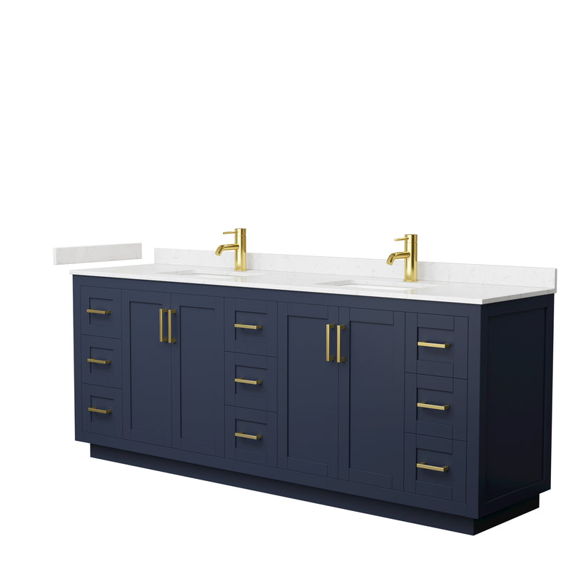 Wyndham Miranda 84" Double Bathroom Vanity In Dark Blue Light-Vein Carrara Cultured Marble Countertop Undermount Square Sinks Brushed Gold Trim WCF292984DBLC2UNSMXX