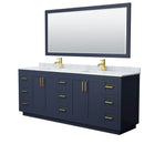 Wyndham Miranda 84" Double Bathroom Vanity In Dark Blue White Carrara Marble Countertop Undermount Square Sinks Brushed Gold Trim 70" Mirror WCF292984DBLCMUNSM70