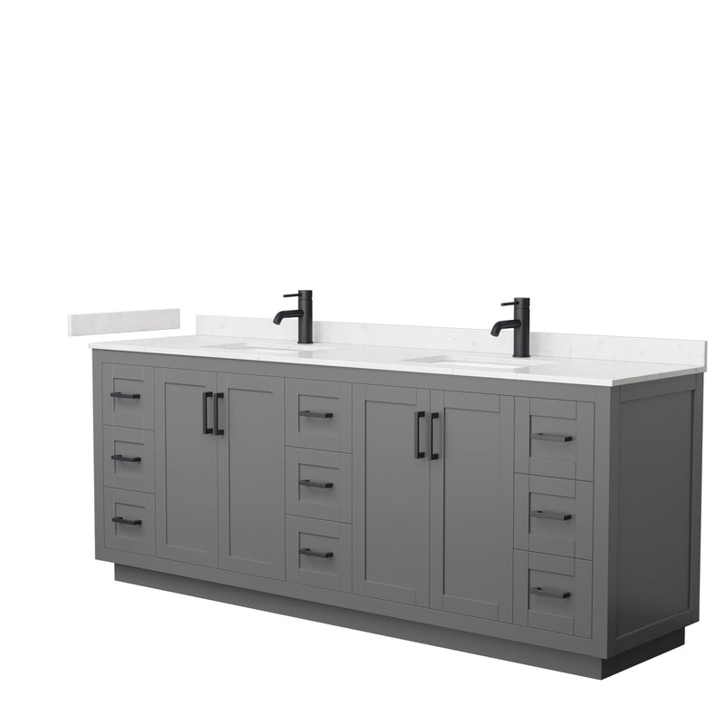 Wyndham Miranda 84" Double Bathroom Vanity In Dark Gray Light-Vein Carrara Cultured Marble Countertop Undermount Square Sinks Matte Black Trim WCF292984DGBC2UNSMXX