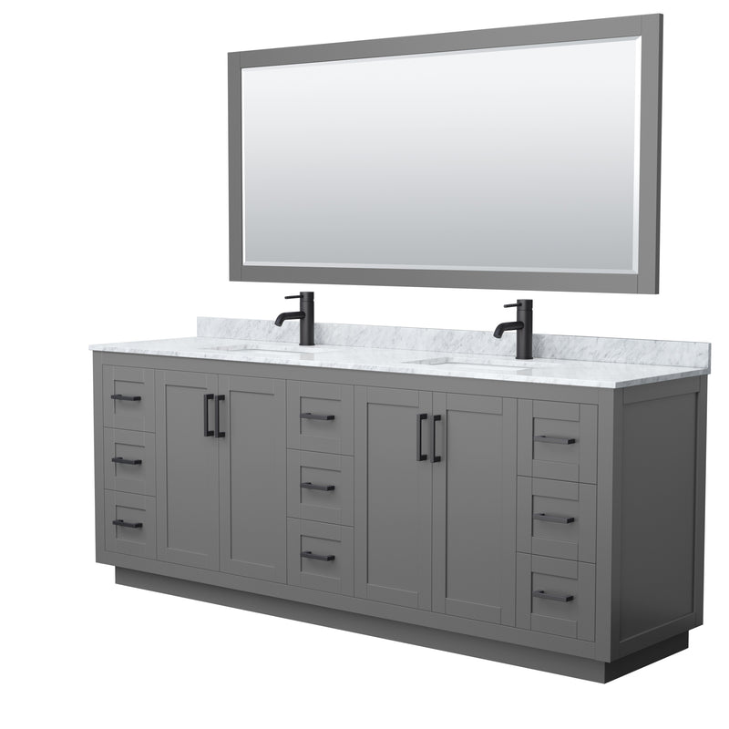 Wyndham Miranda 84" Double Bathroom Vanity In Dark Gray White Carrara Marble Countertop Undermount Square Sinks Matte Black Trim 70" Mirror WCF292984DGBCMUNSM70